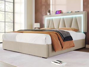 ModernLuxe Gestoffeerd opbergbed 140x200cm met LED en USB en Type-C oplaadpoort - Linnenstof - lattenbodem - Beige