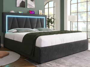 ModernLuxe Gestoffeerd opbergbed 160x200cm met LED en USB en Type-C oplaadpoort - Linnenstof - lattenbodem - Grijs