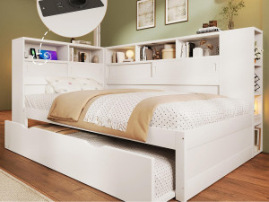 ModernLuxe Massief houten onderschuifbed 90x200cm met USB-oplaadpoorten - omgeven door een cirkel met opbergruimte - Wit