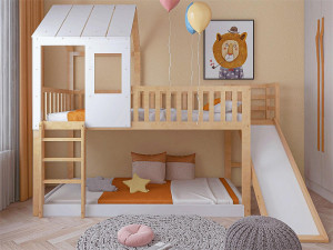 Merax Stapelbed voor kinderen 90 x 200 cm met glijbaan + boxspring, kleuren: naturel en wit