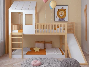 Merax Beliche infantil 90 x 200 cm com escorregador + box spring, cores: natural e branco