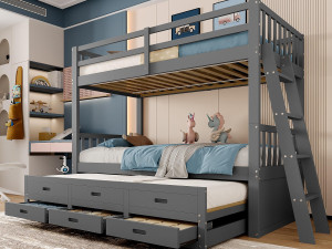 ModernLuxe Stapelbed 90x200cm - met onderschuifbed en 3 lades - in massief grenenhout en MDF - Grijs
