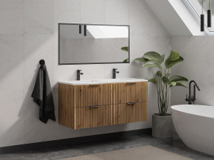Vente-unique Geribbeld hangmeubel voor badkamer met inbouwwastafel - Licht naturel - 120 cm - ZEVARA