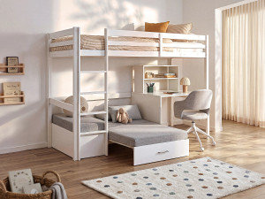 Vente-unique Hoogslaper GOLIATH II met bureau, bedbank en opbergruimte - 90 x 200 cm - Massief grenen - Gebleekt