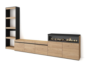 Skraut Home Meubels voor woonkamer, 310x35x186cm, Voor tv's tot 65", Elektrische haard, Eiken/Zwart