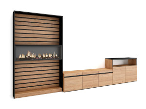 Skraut Home Meubels voor woonkamer, 360x35x186cm, Voor tv's tot 65", Elektrische haard, Eiken/Zwart