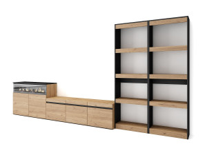 Skraut Home Meubels voor woonkamer, 370x35x186cm, Voor tv's tot 65", Elektrische haard, Eiken/Zwart