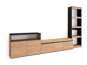 Skraut Home Meubels voor woonkamer, 310x35x186cm, Voor tv's tot 65", TV-Tafel, Eiken/Zwart