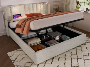 ModernLuxe Gestoffeerd opbergbed met LED en USB oplaadpoorten - 160x200cm - linnen stof - met lattenbodem - Beige