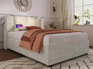 ModernLuxe Gestoffeerd opbergbed met LED en USB oplaadpoorten - 90x200cm - linnen stof - met lattenbodem - Beige