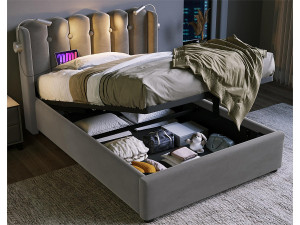 ModernLuxe Gestoffeerd opbergbed met LED en USB oplaadpoorten - 90x200cm - fluweel stof - met lattenbodem - Grijs