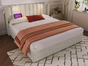 ModernLuxe Gestoffeerd opbergbed met LED en USB oplaadpoorten - 140x200cm - linnen stof - met lattenbodem - Beige