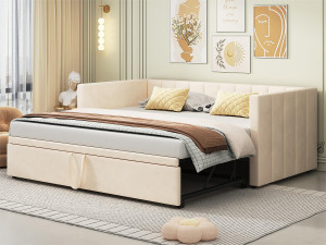 Merax Kinderbed met onderschuifbed 90 x 200 cm - fluweel - inclusief bedbodem - kleur beige