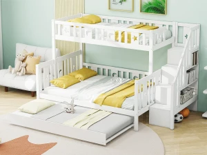 Merax Beliche triplo 90 x 200 cm + 140 x 200 cm + bicama 90 x 190 cm - madeira maciça - box spring incluído - branco