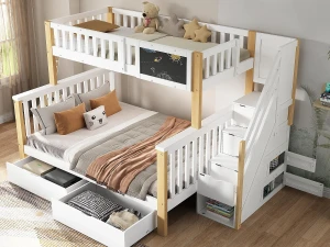 ModernLuxe Beliche em madeira maciça com gavetas e escada de arrumação - 90x200cm + 140x200cm - Branco e Natural