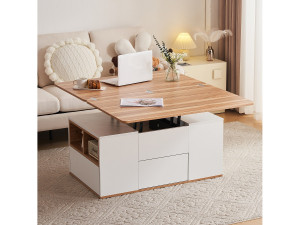 Merax Salontafel - opklapbaar blad - 2 nissen en 3 lades - spaanplaat - eiken en wit