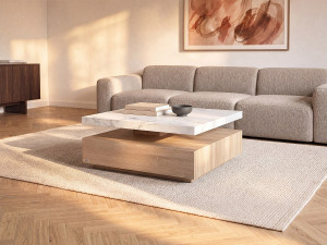 Vente-unique Draaiende salontafel met 1 lade in MDF - Zwarte marmerlook en houtlook - KYRIA