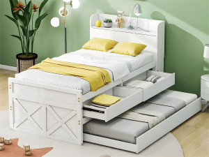 ModernLuxe Massief houten onderschuifbed - 90x190cm - met 2 lades en USB-oplaadpoort op de plank - Wit