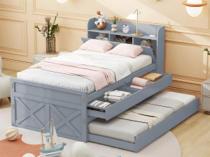 ModernLuxe Massief houten onderschuifbed - 90x190cm - met 2 lades en USB-oplaadpoort op de plank - Grijs