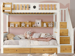 ModernLuxe Stapelbed met opbergtrap - 90x200cm - 4 kluisjes op de trap en 2 lades onder het bed - met lattenbodem - Wit