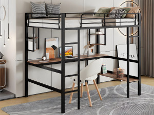 ModernLuxe IJzeren tussenbed - 90x200cm - met bureau en 5 planken - Zwart
