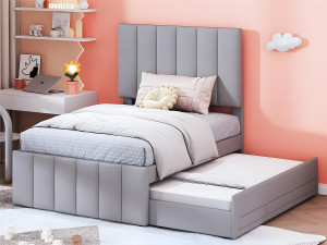 ModernLuxe Gestoffeerd linnen bed 90x200cm - met onderschuifbed op wielen en 3 lades - Grijs