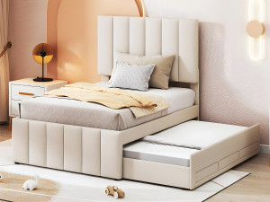 ModernLuxe Gestoffeerd linnen bed 90x200cm - met onderschuifbed op wielen en 3 lades - Beige
