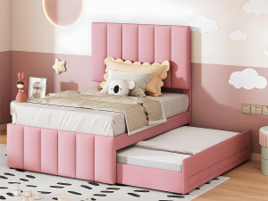 ModernLuxe Gestoffeerd linnen bed 90x200cm - met onderschuifbed op wielen en 3 lades - Roze