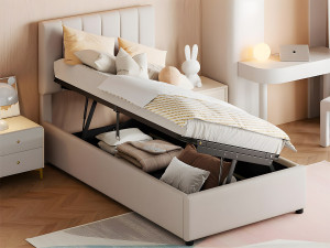 ModernLuxe Gestoffeerd opbergbed in linnenstof - 90x200cm - Beige