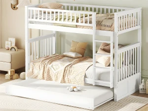 ModernLuxe Beliche 2x90x200cm com cama de gavetão 90x190cm - com guarda-corpos e escada - Branco