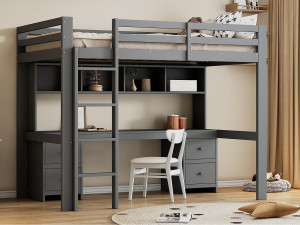 ModernLuxe Mezzaninebed 90x200cm - met bureau en 2 ladekasten - in massief grenen en MDF - Grijs