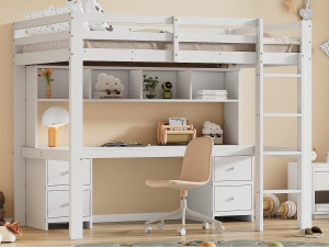 ModernLuxe Mezzaninebed 90x200cm - met bureau en 2 ladekasten - in massief grenen en MDF - Wit