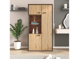 Merax Vitrinekast met 3 deuren en 2 planken - LED's - spaanplaat en glas - hoogte 150 cm - eikenkleur