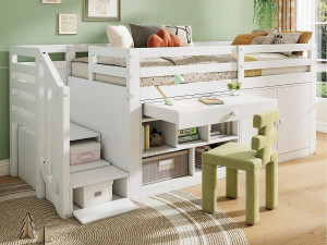 ModernLuxe Multifunctioneel eenpersoons kinderbed in massief hout - met opbergruimte, ladder en uitschuifbare tafel - 90x200cm - Wit