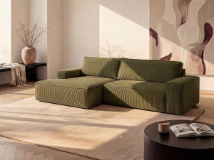 Unique Sofá cama rinconera izquierda de pana - Verde caqui - AMELIA