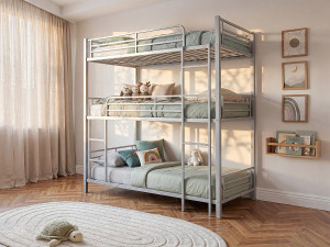 Vente-unique Stapelbed - 3 x 90 x 190 cm - Metaal - Zilverkleur - Met matras - ELOUAN