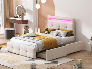 Merax Eenpersoonsbed 90 x 200 cm met 2 lades - linnen stof - LED's - voor kinderen - beige