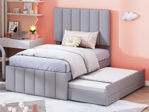 Merax Onderschuifbed 90 x 190/200 cm met 3 lades - linnenstof - lattenbodem - grijs
