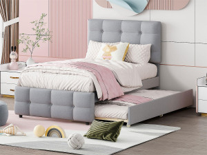 Merax Onderschuifbed 90 x 190/200 cm - verstelbaar hoofdeinde - linnenstof - voor kinderen - grijs
