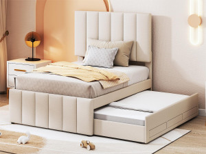 Merax Onderschuifbed 90 x 190/200 cm met 3 lades - linnenstof - lattenbodem - beige