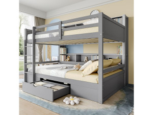 Merax Stapelbed met lade en boekenkasten - 90 x 200 cm - grenenhout en MDF - inclusief lattenbodem - grijs