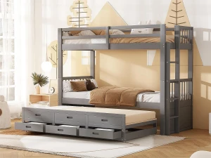 Merax Beliche com bicama para crianças 3 lugares - 90 x 200 cm - 3 gavetas - pinho e MDF - cinza