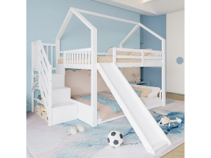 Merax Stapelbed 140 x 200 cm met opbergtrap en glijbaan, grenenhout en MDF, wit