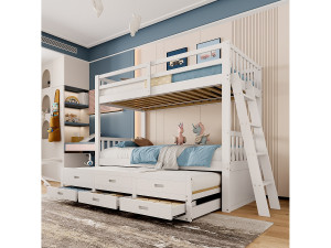 Merax Stapelbed met onderschuifbed voor kinderen 3 plaatsen - 90 x 200 cm - 3 laden - grenen en MDF - wit