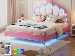 ModernLuxe Kinderbed 140x200cm met LED - prinsessenbed met kunstleren kussen - Roze