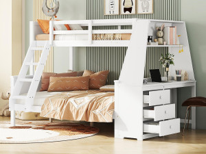 ModernLuxe Stapelbed 140x200cm - een bureau aan de zijkant met 3 grote lades - Wit