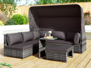 ModernLuxe Tuinmeubelen - PE rotan loungebank met verstelbare luifel - 6 plaatsen en 1 salontafel - Grijs