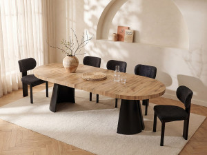 Vente-unique Uitschuifbare eettafel 4 tot 12 plaatsen van mdf en zwart metaal - Licht naturel - JARELIA