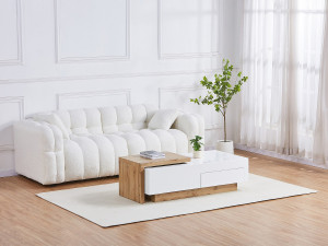 Vente-unique Verlengbare salontafel met 1 lade en 1 nis - Naturel en wit - MANDREA