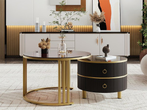 ModernLuxe Set van 2 in elkaar geschoven salontafels met 2 laden - Blad van bruin gehard glas - Zwart